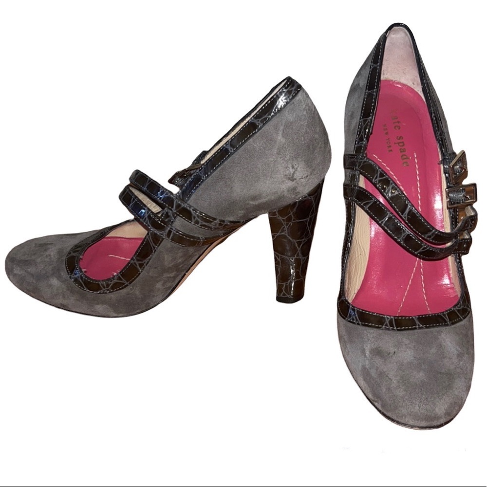 Kate Spade Mary Jane Heel‎ 7.5 Gray Suede Double Strap Italy Academia Preppy - Picture 2 of 9